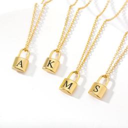 Initial Letter Name Lock Pendant Necklace Stainless Steel Alphabet 26 A-Z Simple Cute Gold Clavicle Sweater Chain Jewelry Gifts Accessories For Men Women Couples Best Friends