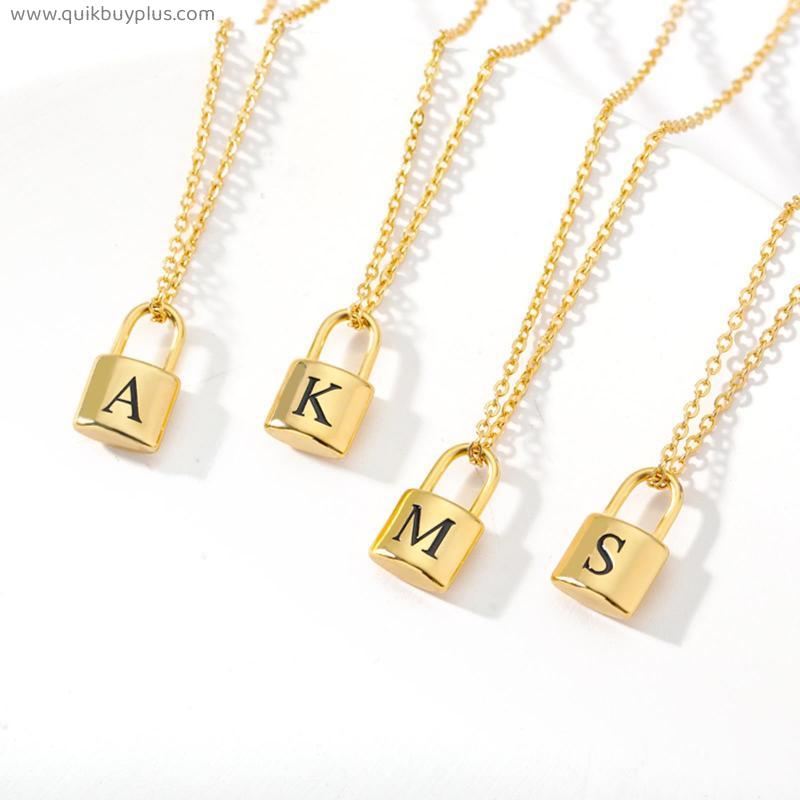 Initial Letter Name lock Pendant Necklace stainless steel Alphabet 26 A-Z Simple Cute gold clavicle sweater chain Jewelry Gifts Accessories for Men Women Couples Best Friends