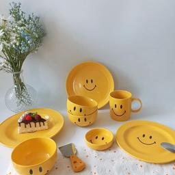 Ins Cartoon Smiley Face Ceramic Tableware Plate Bowl Set Soup Bowl Household Dish Set Breakfast Plate Bowl Cute Plate