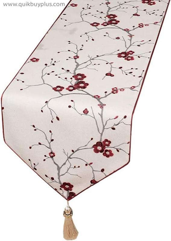 JH1 Chinese Print Lined Table Runners, Beige Runner with Plum Print, V-border Tassel Table Clothes for Wedding Party Kitchen (Color : Blue, Size : 33×180cm)