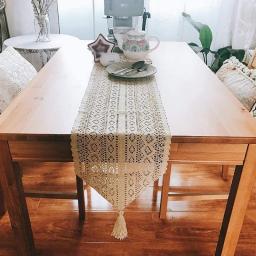 JH1 Crochet Table Runner with Tassel, Handmade Hollow Lace Table Cloth for Wedding Dinning Kitchen Table Decor, Natural Beige (Size : 26×225cm)