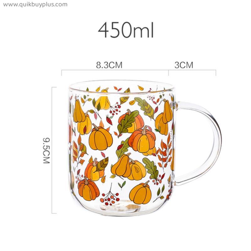 JINYOUJIA Heat-Resistant With Handle Glass Mug Breakfast Milk Cup Cute Office Home Coffee Mugs Lemon Mushroom Pumpkin Pattern