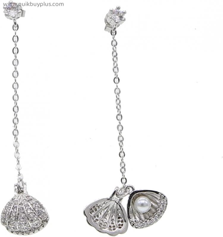 JUSTWEIXING Paved Jewelry Filled Freshwater Pearl Inner Shell Pendant Long Tassel Chain Earrings Exquisite earrings (Metal Color : Platinum Plated)