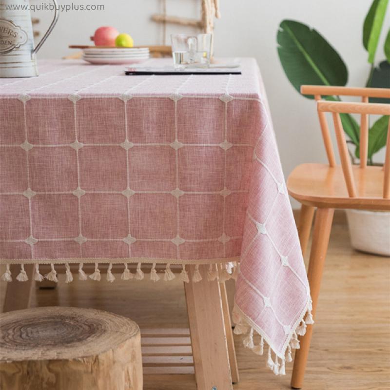 Japan Style Cotton Linen Tablecloth Blue Stripes Plaid Embroidered Rectangular Dining Table Cloth Home Kitchen Decor Table Cover