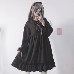 Japan Women Loli-style Dress Women Clothes  And Autumn Black Dress Bow Tie Chiffon Dress Dresses Woman Party Night
