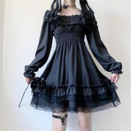 Japanese Chiffon Black Women Dresses 2020 Autumn Square Collar Puff Sleeve Lace Ruffles Mini Party Dress
