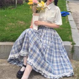 Japanese Lolita Style Women Skirt High Waist Vintage Plaid Buttons Skirt Elegant Ruffles Cute Kawaii Midi Self-Made Cotton Skirt