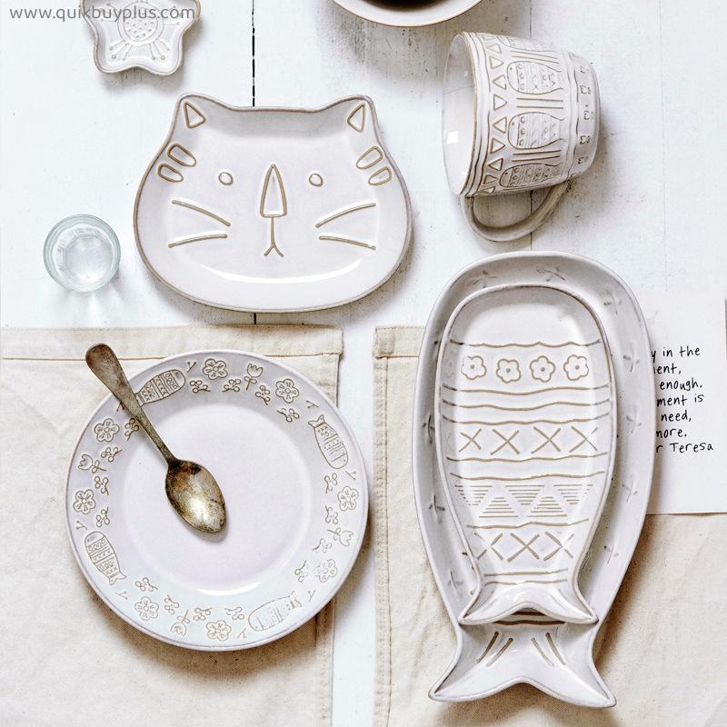 Japanese Style Cat Dinner Plate Set Ceramic Irregular Food Dinner Dishes Dessert Tray Fish Kitten Household Dinnerware Bowl Cup