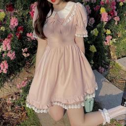 Japanese Sweet Kawaii Lace Dress Women Pink College Style Lolita Peter Pan Collar Summer Women Dress Mini Dress For Women
