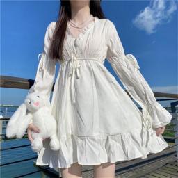 Japanese Sweet Soft Girly Style White Women Dresses Flared Sleeve Thin Ruffle Bandage V-Neck Mini Dresses