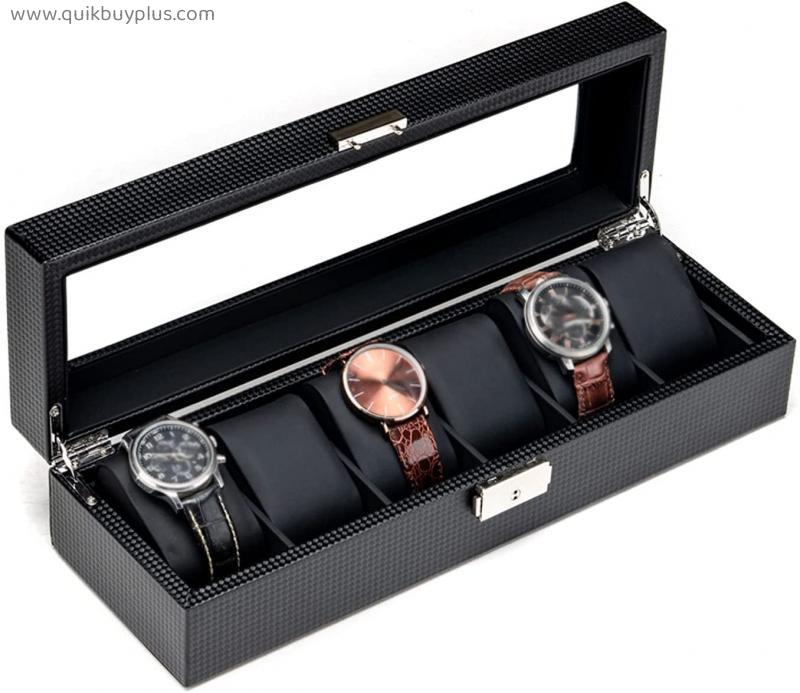 Jewelry Box Watch Box 6 Slot and 12 Slot Leather Watch Box Display Case Organizer Glass Jewelry Storage Jewelry Boxs Display Lockable Black Watch Display Boxes (A)