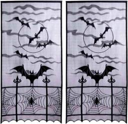 JunMu 2pcs Halloween Curtains For Window, 40x84 Inches Black Lace Curtains, Spider Web Window Curtains With Flying Bats,Halloween Decorations For Window Kitchen Door Panel