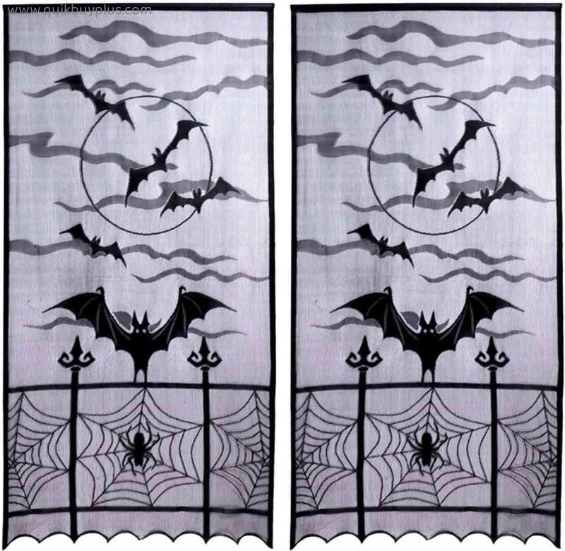 JunMu 2pcs Halloween Curtains for Window, 40x84 inches Black Lace Curtains, Spider Web Window Curtains with Flying Bats,Halloween Decorations for Window Kitchen Door Panel