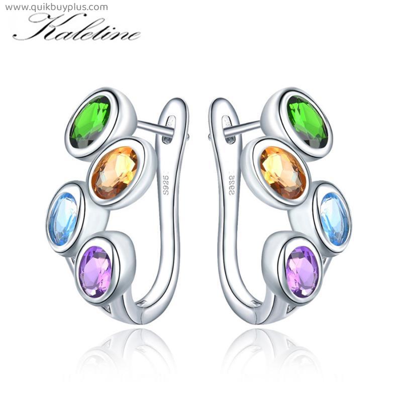 KALETINE Hutang Colorful Gemstone Hoop Earrings 925 Sterling Silver Blue Zircon Topaz English Lock Jewelry for Women Earrings