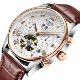 KINYUED Skeleton Tourbillon Mechanical Watch Men Automatic Classic Rose Gold Leather Mechanical Wrist Watches Reloj Hombre 2020