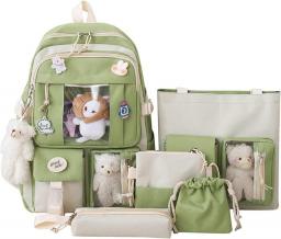 Kawaii Aesthetic School Backpack 5Pcs Combo Set with Cute Bear Pendant Pins Daypack Small Laptop School Bag Essential Kit