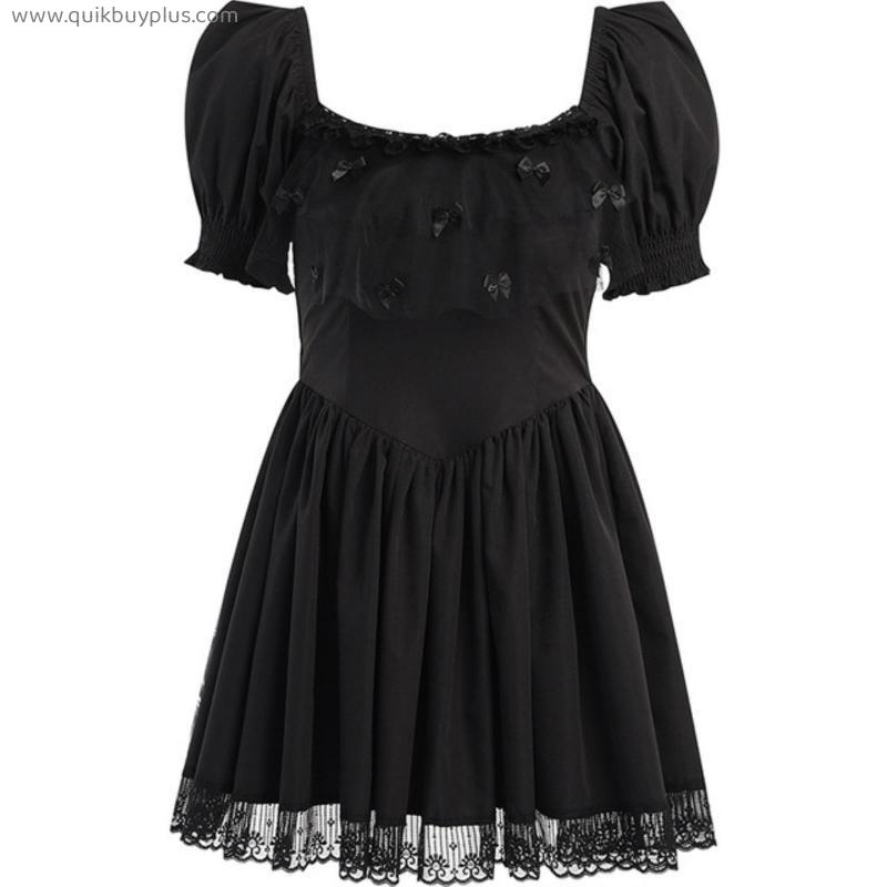 Kawaii Bow Lace Trim A-line Dress Harajuku Grung Emo Alt Clothes E-girl Gothic Dark Academia Black Mini Dresses Y2K Vintage