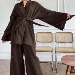 Kimono Pajamas 100Percent Cotton Crepe Long-Sleeve Trousers Ladies Sleepwear Suit Women Home Service
