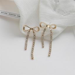 Korean Cute Bowknot Crystal Clip on Earring for Women Long Tassel Rhinestone Non Pierced Earrings Statement Earrings Jewelry