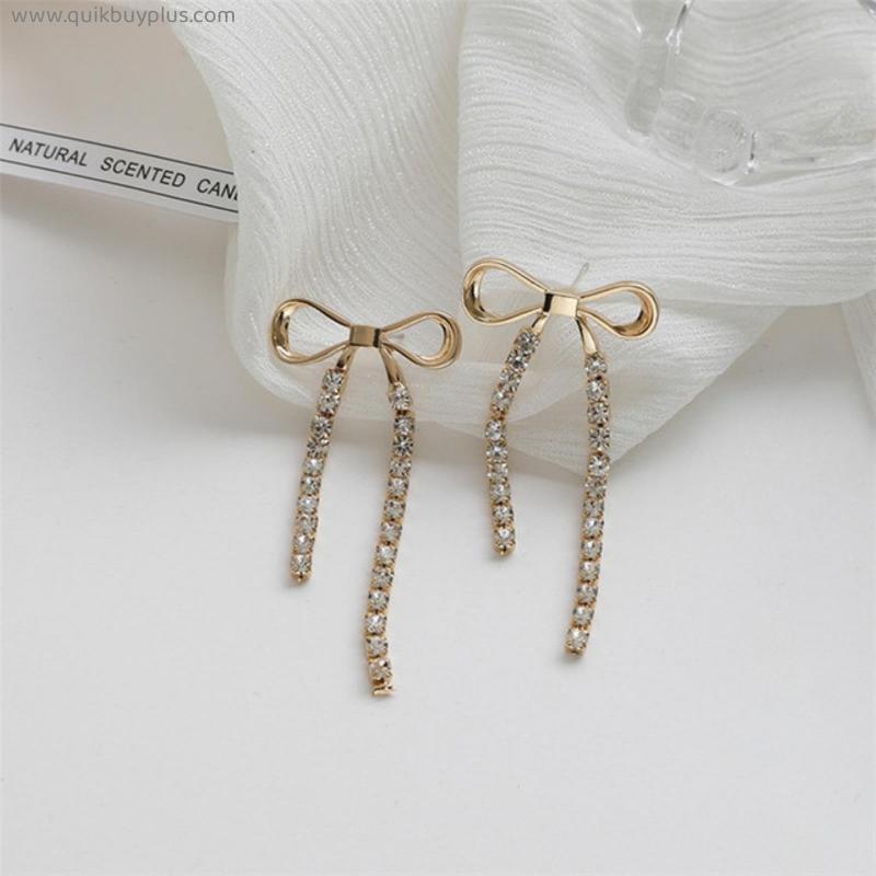Korean Cute Bowknot Crystal Clip on Earring for Women Long Tassel Rhinestone Non Pierced Earrings Statement Earrings Jewelry