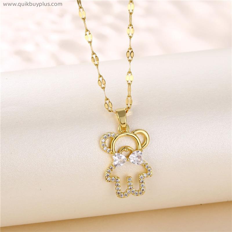 Korean Fashion Zircon Crystal Cute Hollow Bear Pendant Women Necklaces Female Sweet Birthday Gift Jewelry Girls Clavicle Chain
