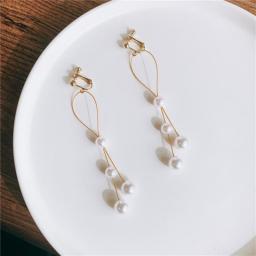 Korean Pearl Chain Tassel Clip on Earrings Super Fairy Temperament Earrings Simple Zircon Ball  Earrings for Non-pierced Women