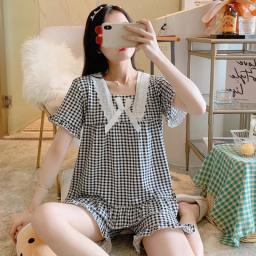 Korean Plaid Print Pajamas Set for Women Summer Lovely Button Lace Girls Nightwear Loose Casual Short Sleeve Top and Shorts Pant