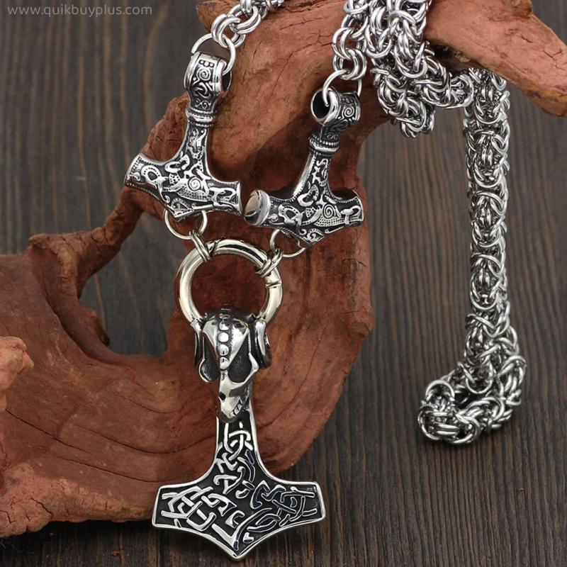 LIYANXIN Men's Viking Nordic Story Diary,3 in 1 Viking Thor's Hammer King Chain Necklace with Mjolnir & Wolf Head Pendant, Nordic Retro Heavy Stainless Steel Amulet Jewelry, Silver W