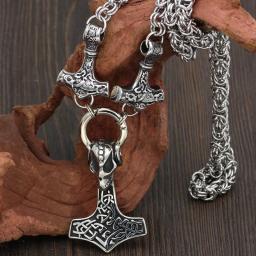 LIYANXIN Men's Viking Nordic Story Diary,3 In 1 Viking Thor's Hammer King Chain Necklace With Mjolnir & Wolf Head Pendant, Nordic Retro Heavy Stainless Steel Amulet Jewelry, Silver W
