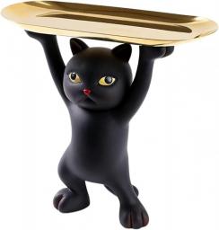 LOVIVER Resin Cat Figurine Statue Decoration Modern Animal Sculpture Decor with Item Placement Tray Office Statue Home Office Garden Decoration Gift - Black