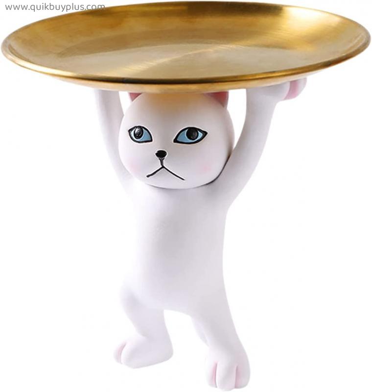 LOVIVER Resin Cat Figurine Statue Decoration Small Modern Animal Sculpture Decor with Item Placement Tray Office Statue Home Office Garden Decor Gift - White
