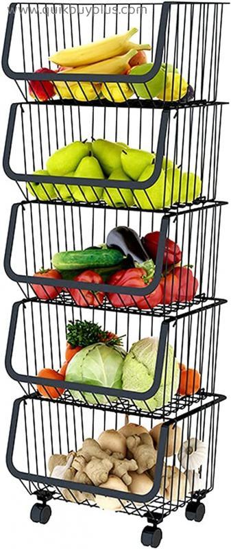 LOXZJYG Rolling Fruit Basket with Wheels and Foot Pads Stackable Kitchen Trolley 2/3/4/5 Tiers Storage Bins for Vegetable and Fruit Basket Storage Organizer Bins for Kitchen Bathroom