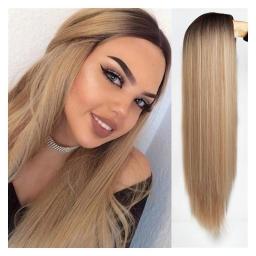 Lace Wigs Long Straight Synthetic Wig Light Blue Wigs for Women Mixed Black and Blonde Wig Middle Part Nature Hair Human Hair Wigs (Color : 3, Stretched Length : 26inches)
