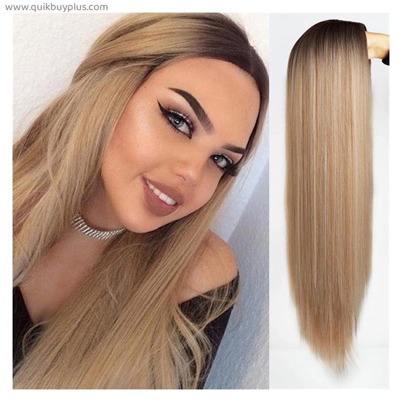 Lace Wigs Long Straight Synthetic Wig Light Blue Wigs for Women Mixed Black and Blonde Wig Middle Part Nature Hair Human Hair Wigs (Color : 3, Stretched Length : 26inches)