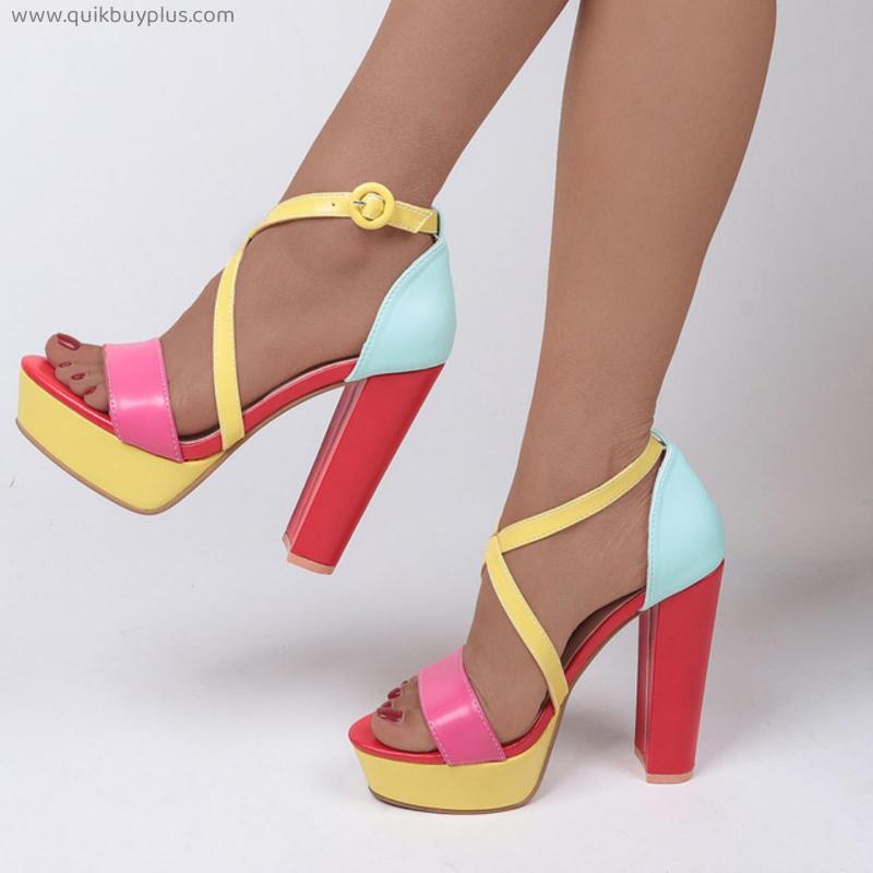 Ladies Platform Summer Sandals Fashion Buckle Mixed Colors Thick High Heels women Sandals Party Sexy Shoes Woman
