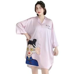Ladies summer thin lapel ice silk pajamas home service women's cardigan three-quarter sleeve home nightdress