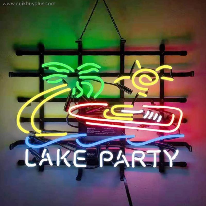 Lake Party Neon Sign Light Handmade Real Glass Neon Tube Beer Bar Pub Party Wall Window Display Home Bedroom Garage Recreation Room Decoration 17x14