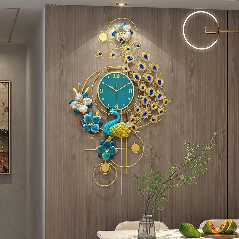 Large Peacock Wall Clocks for Living Room Decor Gold Decoration Wall Clock Silent Battery Operated Crystal Wall Clock for Bedroom Kitchen