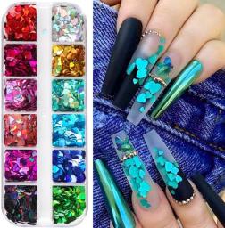 Laser Heart Nail Art Glitter Valentine's Nail Art Glitter 3D Holographic Sparky Heart Nail Sequins 12 Colors Glitters Heart Flakes Acrylic Nail Supplies Laser Design Valentine's Day DIY Decoration