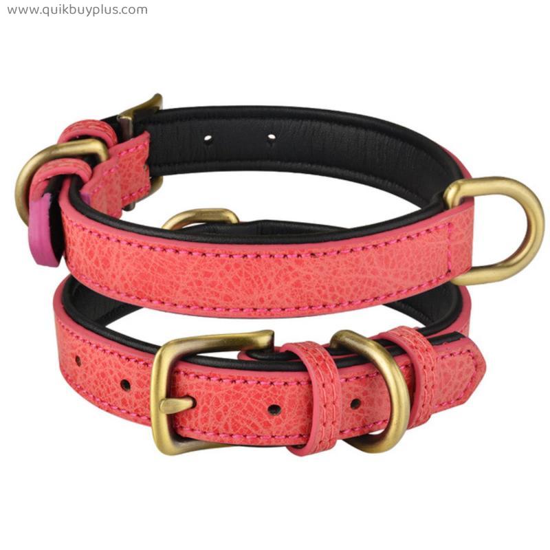 Leather Dog Collar Adjustable Double D-ring Breathable Classic Pet Collar Metal Buckle with Microfiber Padding for Small Medium Dogs