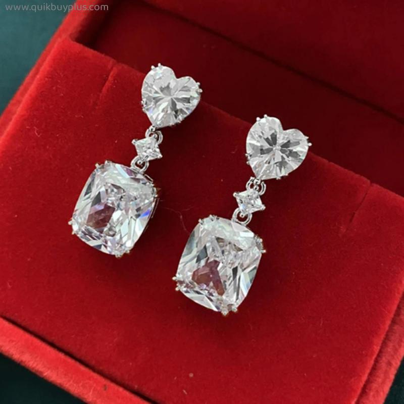 Light Luxury Flashing Diamond Pink Yellow White Square Zircon Drop Earring Heart Stud Earrings for Women Wedding Banquet