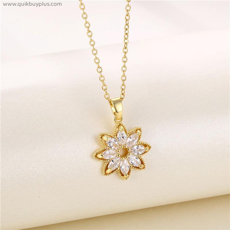 Light Luxury Shining Crystal Zircon Sunflower Pendant Women Necklaces No Fade Gold Color Female Stainless Steel Clavicle Chain