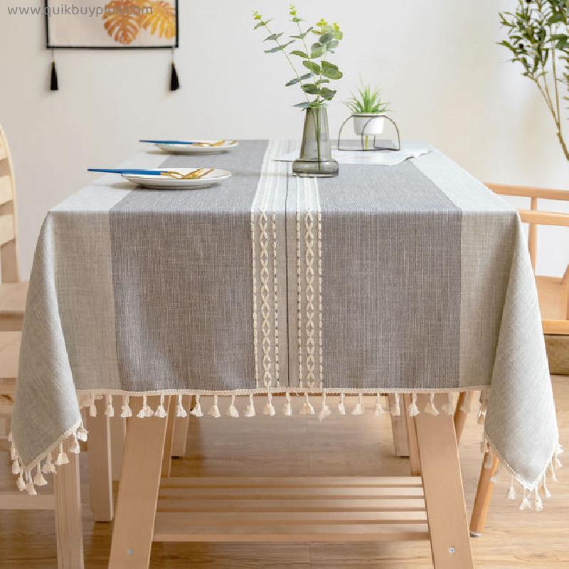 Linen Cotton Rectangular Tablecloth Brown Woven Striped Waterproof Dining Table Cloth Home Garden Lace Hem Table Cover