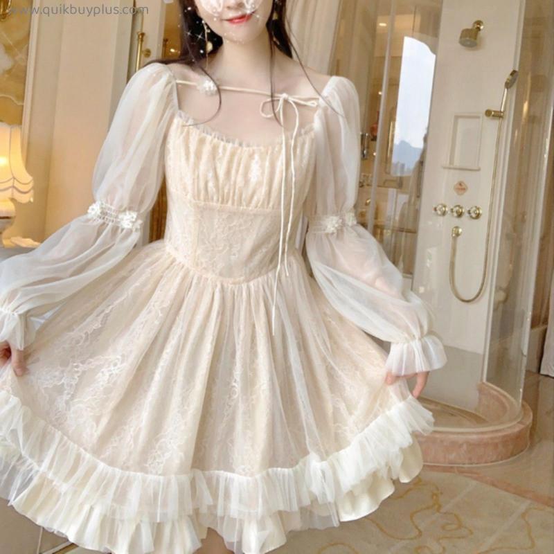 Lolita Kawaii Dress Women Casual Long Sleeve Vintage Y2k Mini Dress Female Japanese Style One Piece Dress Korean  Autumn