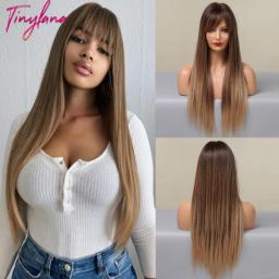 Long Straight Synthetic Wig With Bangs Dark Black Gray Hair Wigs For Women Cosplay Natural Hair Heat Resistant Layered Wigs