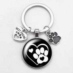 Love Cat Pet Footprints Dogs Glass Cabochon Keychain Bag Car Key Chain Ring Holder Charms Keychains for Men Women Gifts