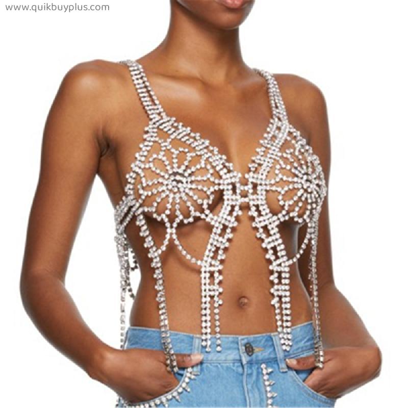 Luxurious Sexy Rhinestone Bra Bikini Accessories for Women Exaggerate Chain Rave Multi-layer Tassel Body Chain Harness Jewelry