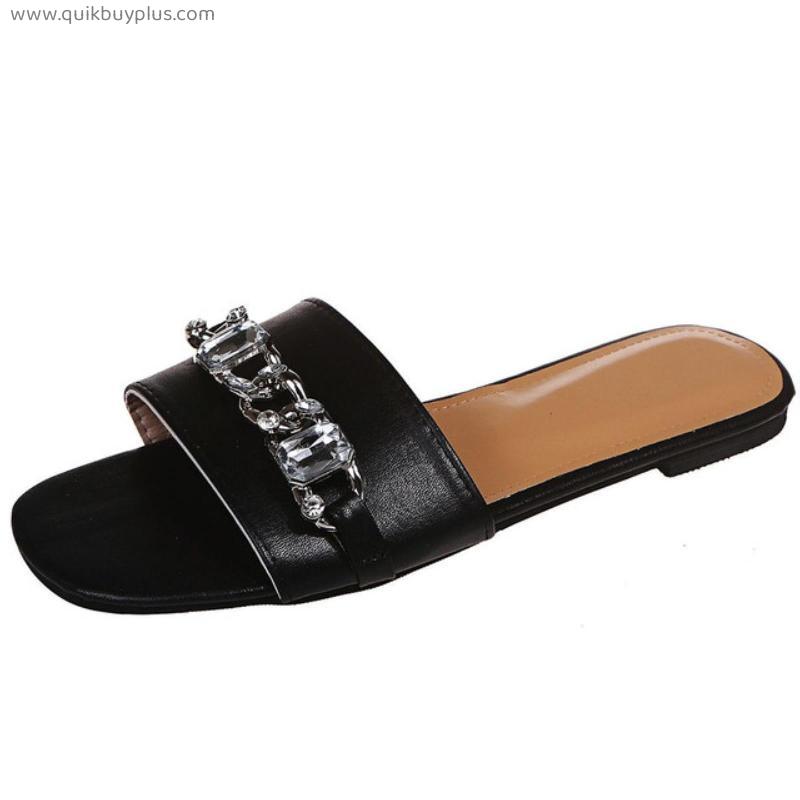 Luxury Brand Design Women Slippers Square Toe Flat Heel Slide Sandals Golden Chain Flip Flops Shiny Rhinestone Women's Shoes Top