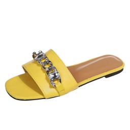 Luxury Brand Design Women Slippers Square Toe Flat Heel Slide Sandals Golden Chain Flip Flops Shiny Rhinestone Women's Shoes Top