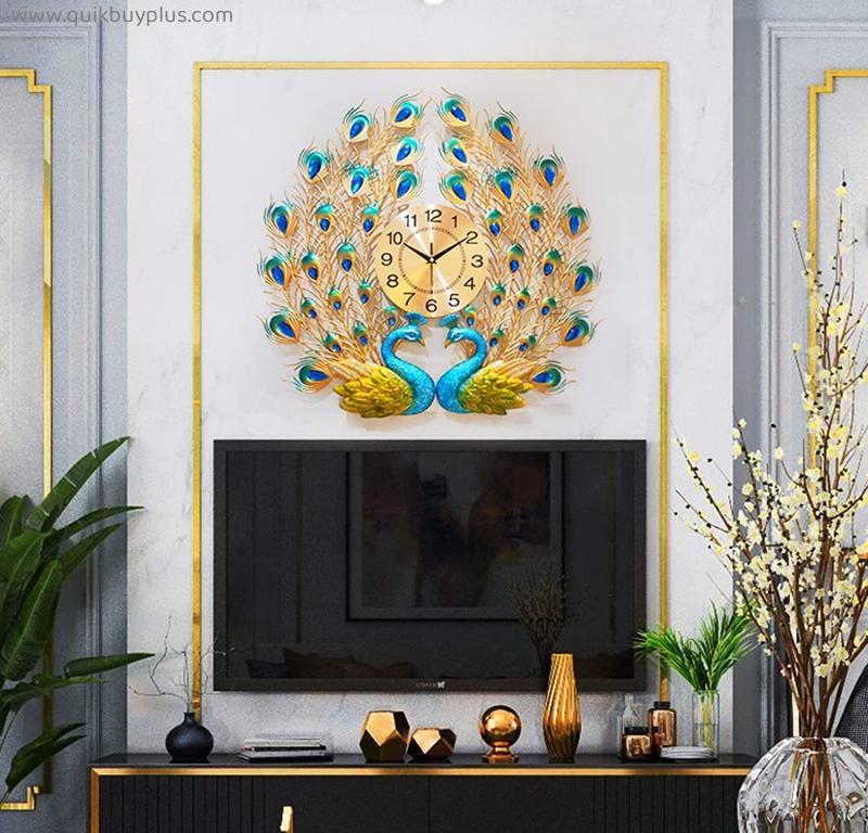 Luxury Large Peacock Wall Clock 25inch Non-Ticking Silent Crystal Creative Personality Modern Art Decorative Wall Clocks for Living